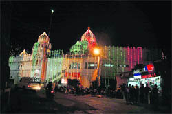 A gurdwara illuminated on the eve of the birth anniversary of Guru Nanak Dev in Shimla on Sunday.