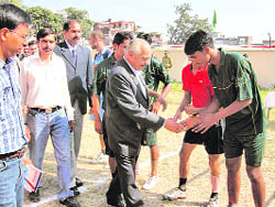 Education Minister ID Dhiman being introduced to players at Hamirpur on Sunday. 