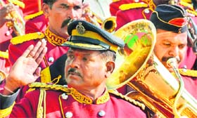 A police band during a parade on the occasion of celebrations marking the formation day of Andhra Pradesh in Hyderabad