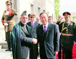 UN Secretary-General Ban Ki-moon (right) with Afghanistan President Hamid Karzai in Kabul on Monday.  AP/PTI