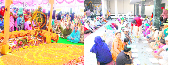 Devotees at the Race Course gurdwara in Dehradun; and (right) langar being served at a gurdwara in Roorkee during Gurpurb 