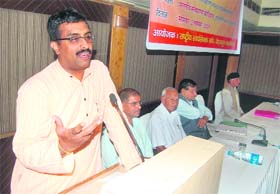 Ram Madhav of the RSS addresses a seminar on Indias security in Dehradun
