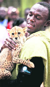 World and Olympic champion Usain Bolt holds a three month old male cheetah cub which he named Lightning Bolt after adopting the cub at the headquarters of the Kenyan Wildlife Service in Nairobi on Monday.