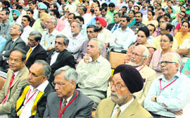 Senior faculty of Panjab University, including three former Vice-Chancellors — Prof MM Puri (second from extreme right, 2nd row),Prof RP Bambah (to his left), and Prof KN Pathak (extreme left, 1st row) — in Chandigarh on Tuesday.