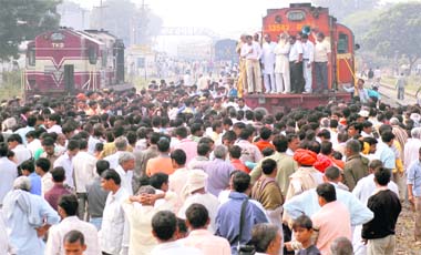 Angry protesters disrupt rail traffic after the death of six persons at Hailey Mandi in Gurgaon