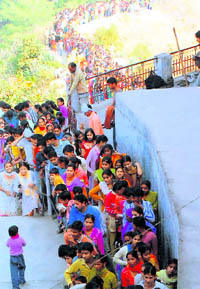 Devotees queue up to pay obeisance at the Jayanti Mata temple in Kangra.