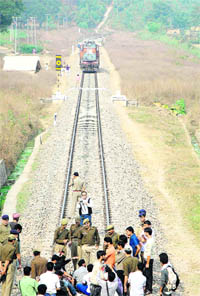Students block rail traffic in Udhampur on Tuesday.