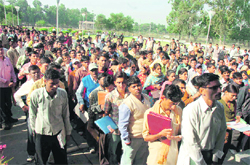 BEd aspirants gather for counselling outside the General Zorawar Singh auditorium in the University of Jammu. 