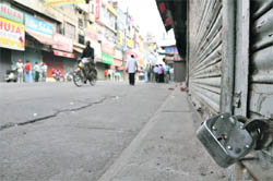 Chaura Bazar wears a deserted look during the bandh in Ludhiana. 