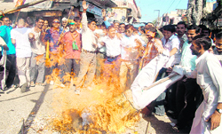 BJP workers burn an effigy of Haridwar MP Harish Rawat as part of their daily protest.