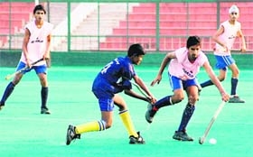 Players in action during a match at the Sector 42 Hockey Stadium, Chandigarh