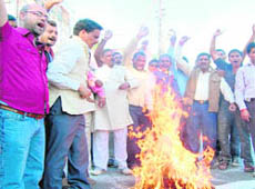 Hindu activists protest against the fatwa issued at Deoband in Haridwar today.