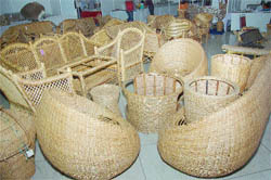 Cane furniture on display at the exhibition in Jalandhar