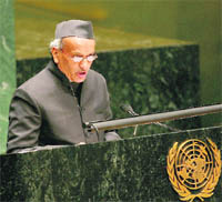 Bhagat Singh Koshiyari, Member of Parliament, addresses the 64th session of the UN General Assembly on Thursday night.