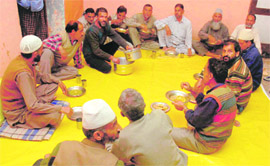 Employees of the SRTC, who came from Srinagar, at a rest house in Jammu.