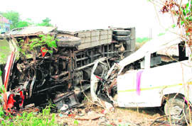 The mangled remains of vehicles that collided head-on at Baghial Morh in Kathua on Tuesday
