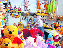 Toys on display at a lifestyle trade fair organised in Gole Market, Jammu.