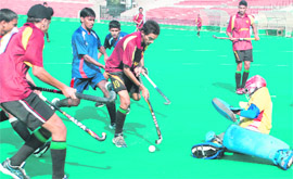 A match in progress at the Hockey Stadium, Chandigarh, on Saturday.
