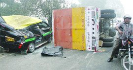 DPS van hit by a truck near ISBT in New Delhi on Saturday.