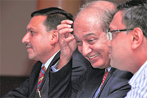 G Parthasarthy (centre), a retired IFS officer, during a lecture organised by the Ludhiana Management Association in Ludhiana.
