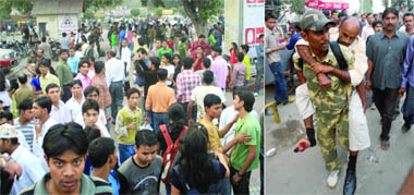 Passengers gather outside the Rajiv Chowk Metro Station due to power failure in a Metro running on Line 3, in New Delhi on Sunday. (Right) A passenger injured during the stampede at the Metro station is carried out by a CISF personnel.