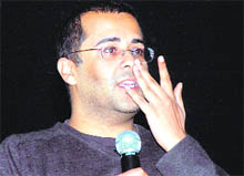 Chetan Bhagat, a writer, delivers a talk at a seminar in Dehradun on Saturday.