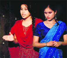 A scene from the play Main-Main, Tu-Tu, staged in Jammu on Sunday.