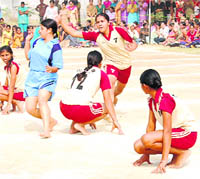 A kho-kho match in progress during the Panjab University championship at Sidhwan Khurd on Sunday.