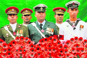 Soldiers from the Sri Lankan army (left), air force (centre) and navy stand behind poppies during an event to mark Remembrance Day, also known as Poppy Day, to commemorate the sacrifices of members of those killed in times of war, in Colombo