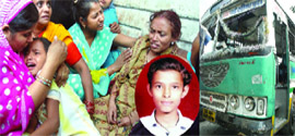 The grieving relatives of Aditya Jain (inset) who was mowed down by the Blueline bus (right) at Shastri Park in New Delhi on Monday.