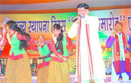 Singer Preetam Bharatwan performs at Haridwar Mahotsava on Monday.