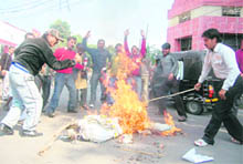 Congress workers burn an effigy of MNS chief Raj Thackeray in Dehradun on Tuesday.