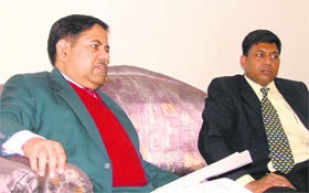 Divisional Railway Manager, Ferozepur division, Northern Railway, Satish Kumar talks to The Tribune as Senior Divisional Commercial Manager Dharmendra Kumar looks on, in Ludhiana on Tuesday.