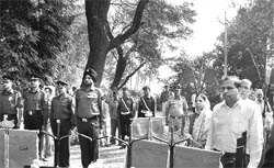 Panchkula MLA DK Bansal pays tributes to Captain Rohit Kaushal at Jalauli village on Wednesday.