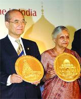 Delhi Chief Minister Sheila Dikshit with UNESCO's director-general Koichiro Matsuura at the launch of World Heritage Series Commemorative Medal on the occasion of the 64th anniversary of India-UNESCO cooperation in New Delhi
