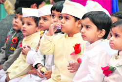 Children dressed as Jawaharlal Nehru at St Xavier Playway School in Ludhiana