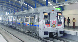 The first Delhi-Noida Metro, which was flagged off from the Akshardham station in New Delhi, hits the Noida City Centre station on Thursday.