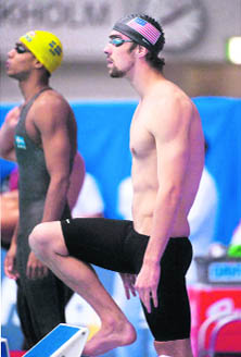 Michael Phelps prepares to swim in the mens 200 metres medley final at the short-course World Cup swimming competition in Stockholm on Wednesday.