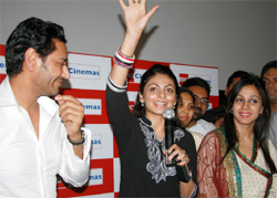 Harbhajan Mann, Neeru Bajwa and Micky greet their fans at the premiere of the film Heer Ranjha in Bathinda
