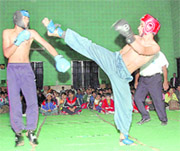 A match in progress at the Aero Kickboxing Championship in Dehradun on Friday.
