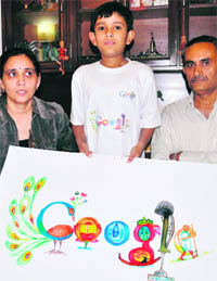 Puru Pratap Singh (9) with his design on Google home page in Gurgaon on Friday.