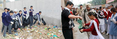 Students (left) collecting polybags during the anti-polythene drive organised in Bathinda on Saturday; Deputy Commissioner Rahul Tewari taking part in the drive.