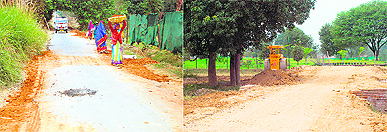 PWD labourers repair a link road; and (right) a new approach road being laid to a farmhouse for the grand wedding reception of Bikram Singh Majithia in Seonk village.