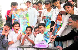 Budding cricketers celebrate 20 years of Master Blaster Sachin Tendulkars cricketing career, in Dehradun on Sunday
