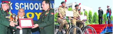 Chief of Army Staff General Deepak Kapoor honours an old student of Sainik School, Kunjpura; and (R) flags off an awareness rally on cancer by NCC cadets in Karnal on Sunday. 