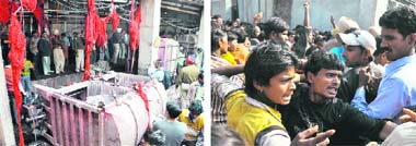 A view of the dyeing unit after a boiler exploded in Ludhiana on Monday; and (right) workers protest against the owners of the unit