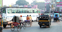 A private bus being parked outside the Hall Gate in Amritsar
