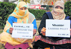 Activists of the International Forum of Justice protest against the alleged sexual abuse of prisoners at Pratap Park in Srinagar on Tuesday.