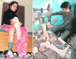 A physically challenged girl tries out an artificial limb at the Jammu Red Cross Home for Handicapped; and (right) a worker manufactures artificial limbs.