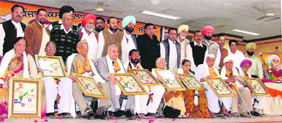 Freedom fighters and activists from the region being felicitated on the 81st martyrdom day of Lala Lajpat Rai in Ludhiana on Tuesday.